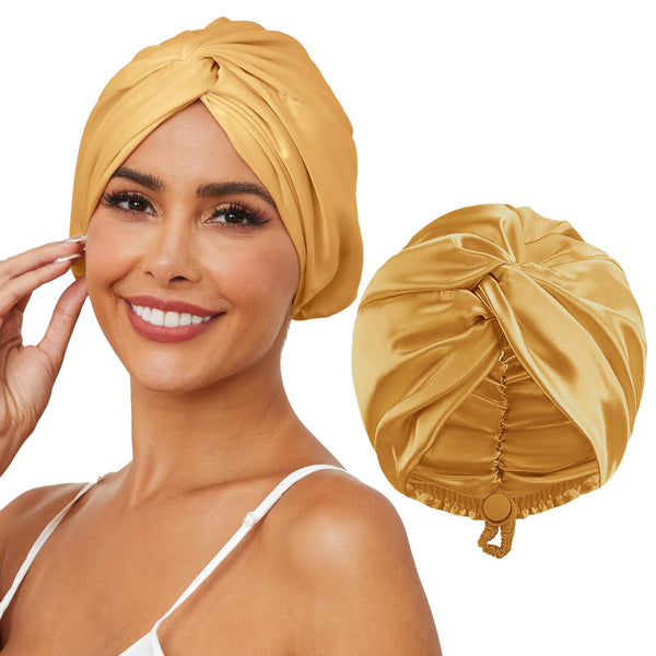 HFRHTGY Adjustable Silk Satin Hair Bonnet for Sleeping, Double Layer Hair Wrap Sleep Cap Turban for Women Men, Curly Straight Braid Unisex (Golden