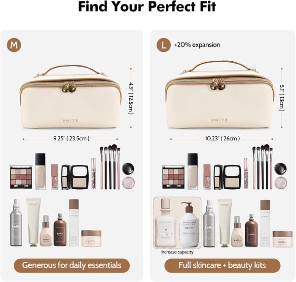 Prite Makeup Bag for Women Travel Waterproof Vegan Leather Cosmetic Bag Open Flat Toiletry Bag with Clear Divider and Handle (Beige)
