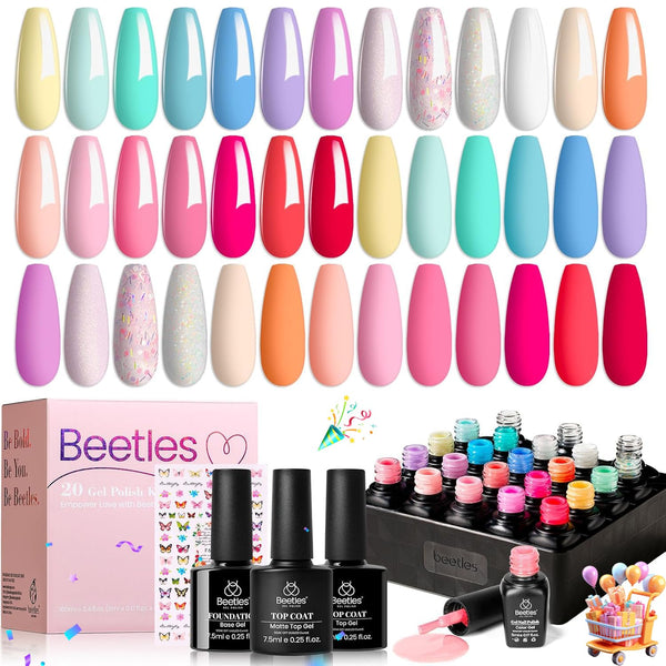 Beetles Gel Nail Polish Set With Base & Matte Top Coat Pastel Gel Polish | 20 Color Pastel Shades Featuring Pink Blue Purple Green Yellow Nude