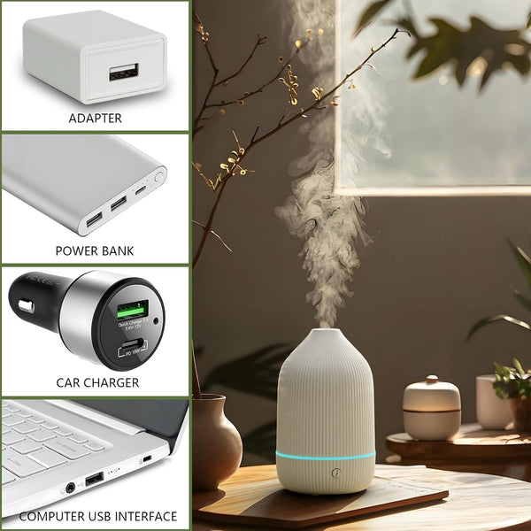 Oil Diffuser,100ML Mini Aromatherapy with USB Cable & Adapter, 7 Colors Lights Mode Waterless Auto Off for Car Home Office Room (USB Power) White