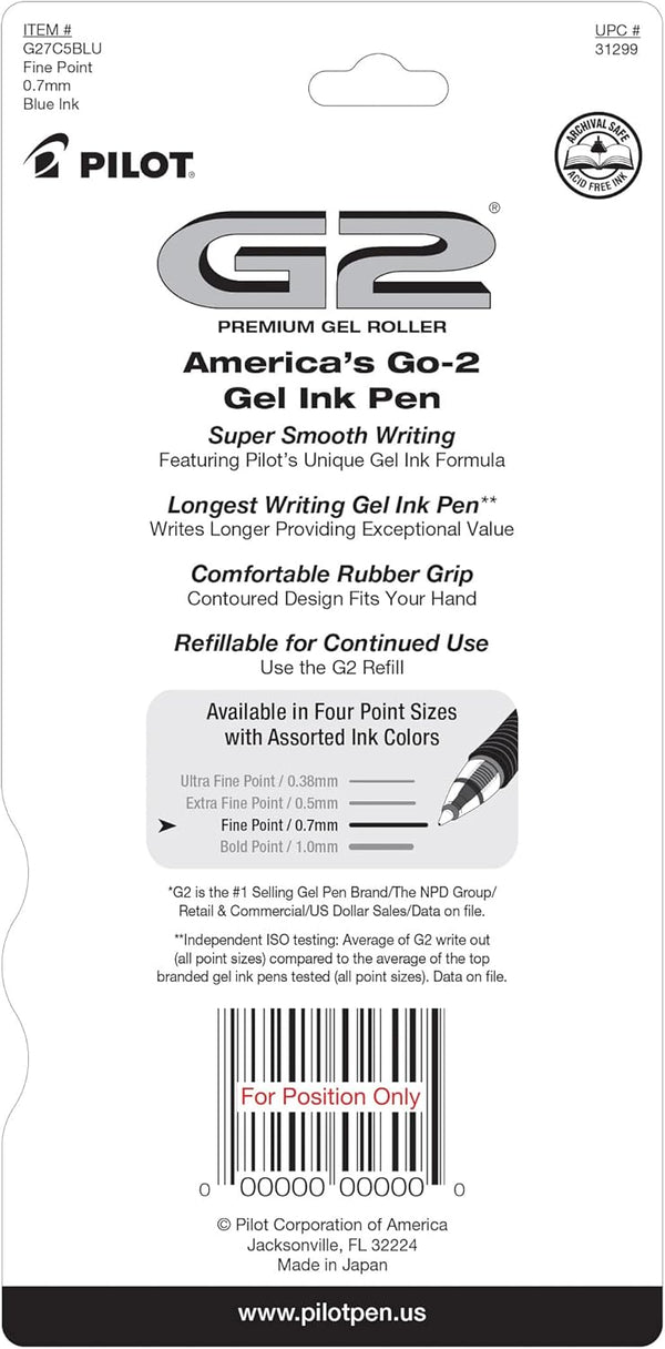 Pilot G2 Premium Gel Roller Pens, Fine Point 0.7 mm, Blue Ink Pens Fine Point, Pack of 5 - Ideal for School, Journaling, and Office Writing
