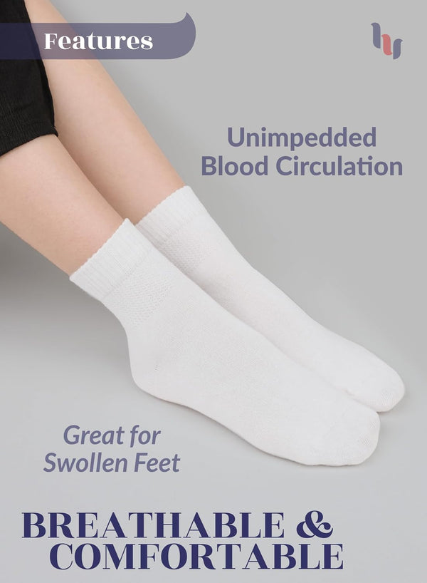 Hugh Ugoli Women's Cotton Diabetic Ankle Socks, Wide, Thin, Loose Fit and Stretchy, Seamless Toe, Non Binding Top, 4 Pairs 6-9 05- White (4 Pairs)