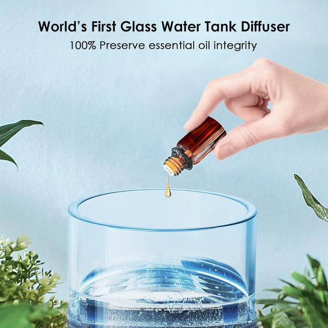 Glass Essential Oil Diffuser, 80ML Small Glass Reservoir Natural Wood Base Ultra