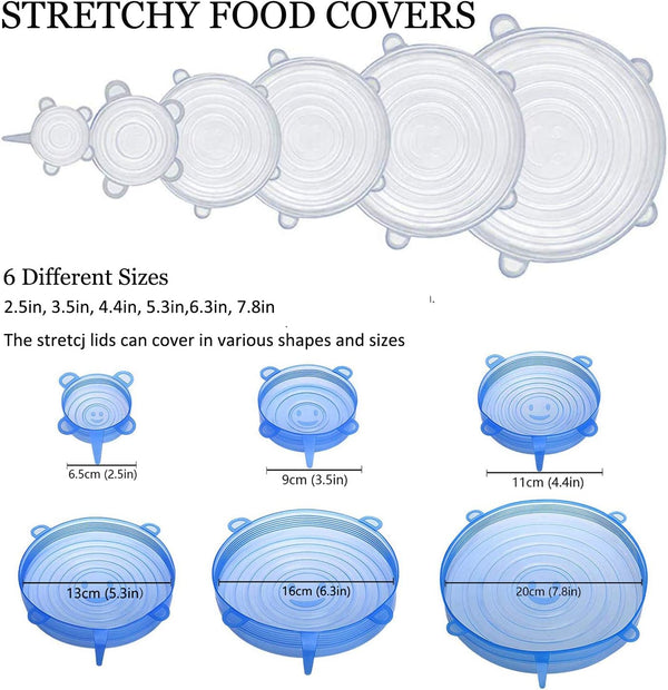 JIGUOOR Silicone Stretch Lids, 12 Pack Reusable Silicone Lids, Durable Food Storage Silicone Covers for Bowl, 6 Sizes to Meet Most Containers to