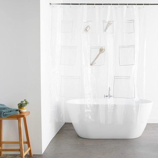 Amazon Basics 8-Gauge PEVA Shower Curtain or Liner with Mesh Storage Pockets - 72" X 72", Clear