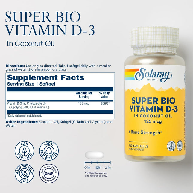 SOLARAY Super Bio Vitamin D3 in Coconut Oil - D3 Vitamin 5000 IU - Bone Health a