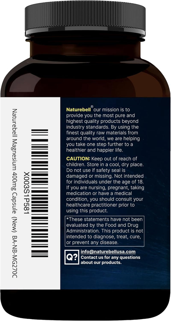 NatureBell Magnesium Glycinate 400mg Elemental, 270 Capsules | 100% Chelated for High Absorption | Supports Muscle, Bone & Heart Health | Non-GMO,