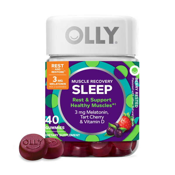 OLLY Muscle Recovery Sleep Gummies, Sleep and Sore Muscle Support, 3Mg Melatonin, Tart Cherry, Vitamin D, Berry Flavor - 40 Count