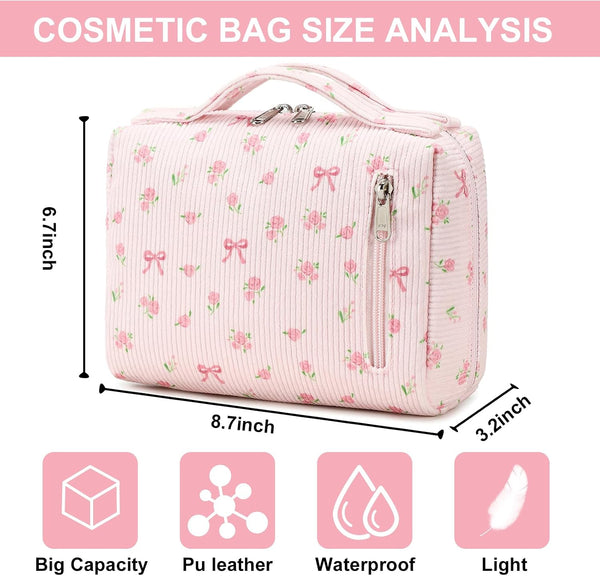 Bluboon Makeup Bag Zipper Pouch Travel Toiletry Bag Portable Cosmetic Bag Organizer for Women and Girls(Strawberry Corduroy Beige) Beige