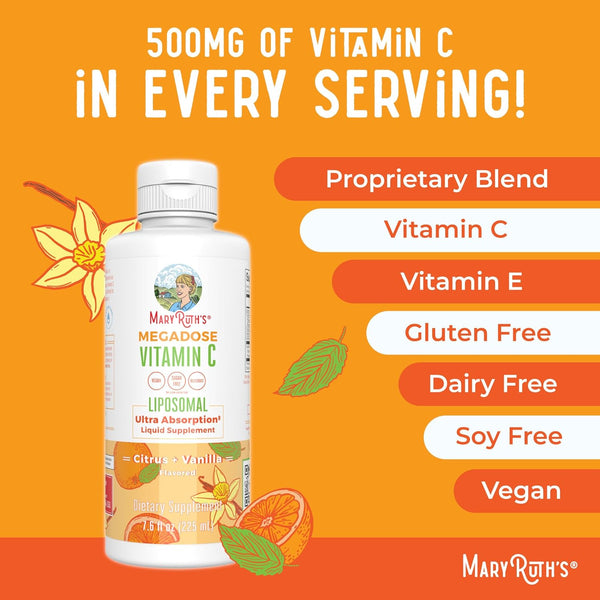 Maryruth Organics Liposomal Vitamin C | Immune Support Supplement | Megadose Vitamin C Supplement 500Mg | Skin Care | Liquid Vitamin C | Vitamin E