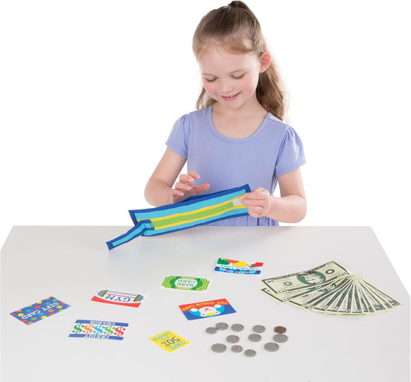 Melissa & Doug Pretend-to-Spend Toy Wallet With Play Money and Cards (45 pcs), Blue - FSC Certified