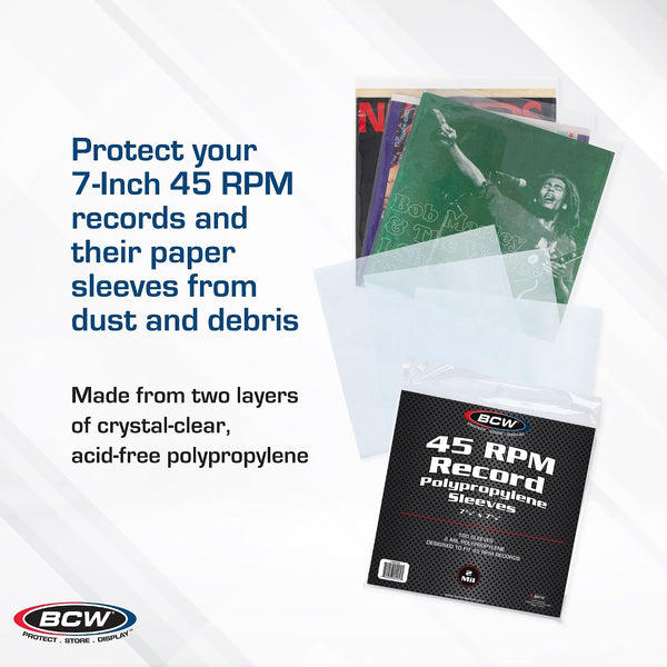 BCW 45 RPM Record Sleeves - 100 Count | Fits Standard 7 Inch Single 45s | Snug-Fit 2 Mil Polypropylene Outer Sleeves | Archival Plastic Covers for
