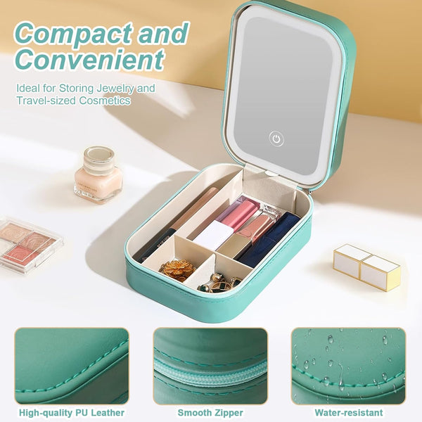 Small Travel LED Makeup Mirror Case with 3 Adjustable Color Light Settings, Dust-Proof Jewelry Box, Mini Cosmetic Train Case Ideal for Short Trips