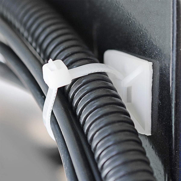 3/4" Strong Back-Glue Self Adhesive White Cable Zip Tie Mounts 100pcs with 8" Ties, Screws, Outdoor Sticky Wire Fasteners Cable Clips Management