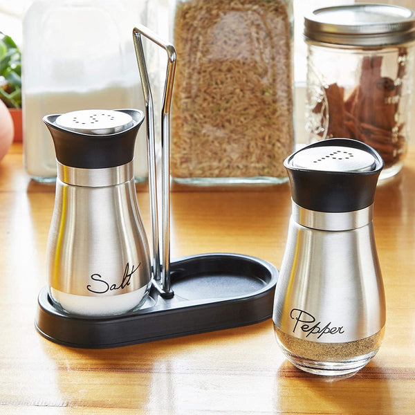 Juvale Stainless Steel Salt and Pepper Shakers Set with Holder, Refillable, Clear Glass Bottoms, Screw-Off Perforated "S" and "P" Caps for Kitchen