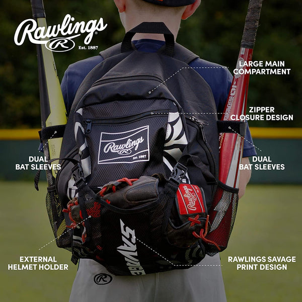 Rawlings | SAVAGE Backpack Equipment Bag | T-Ball/Youth Baseball & Softball | Multiple Styles Black / Silver