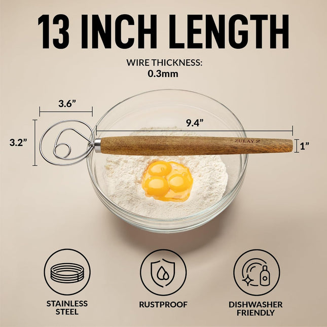 Zulay Kitchen 13 Inch Danish Dough Whisk - Large Wooden Danish Whisk for Dough with Stainless Steel Ring - Traditional D