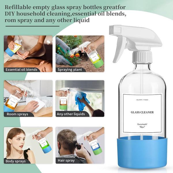 GIVAMEIHF 2 Pack Glass Spray Bottles with Silicone Sleeve,16oz Clear Glass Spray Bottles Refillable Empty Bottle with Adjustable Nozzle,Spray