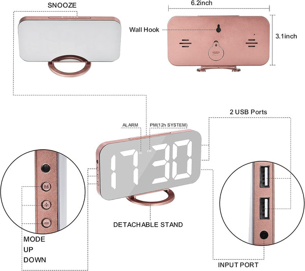 SZELAM Alarm Clock for Bedroom,LED and Mirror Digital Clock Large Display,with Dual USB Charger Ports,Auto Dim,Snooze Mode,Modern Desk/Wall