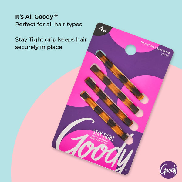 Goody Stay Tight Hair Barrettes, 4 Ct, Mock Tort, SlideProof Flat Clips, Comfortable & Versatile Styling Accessories for Women, Men, Boys & Girls,
