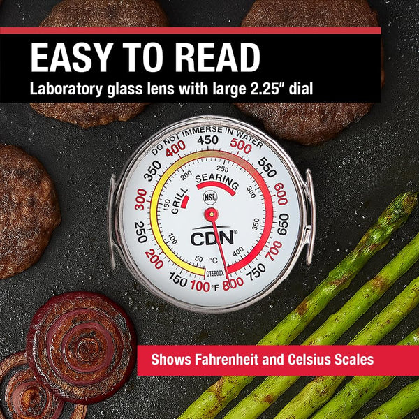 CDN Grill Surface Thermometer | Proaccurate®, Temperature Zones, High Heat, Color-Coded Scale - Laboratory Glass Lens - Perfect for Grill, BBQ,