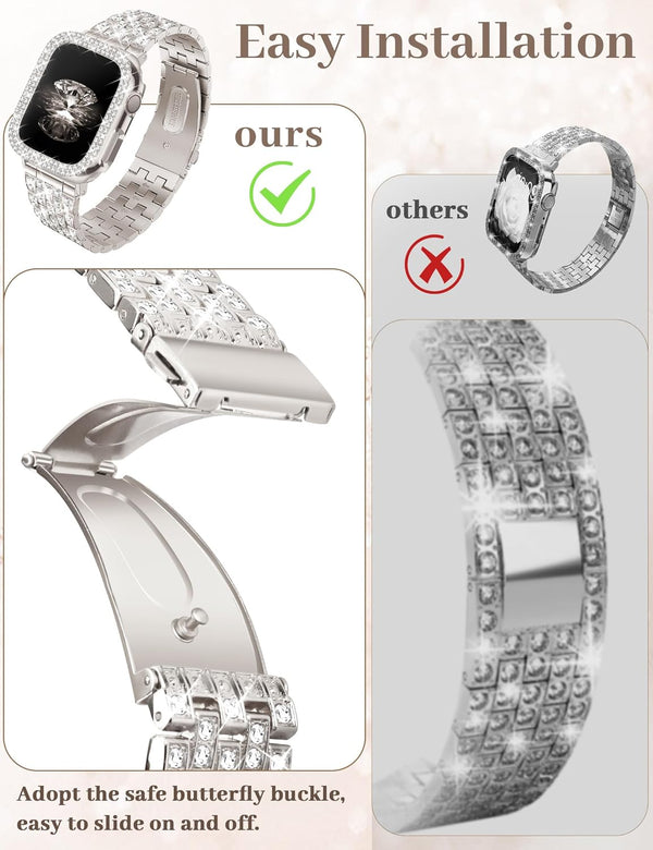 JR.DM Diamond Bands with Bling Case Women Compatible with Apple Watch 40Mm 38Mm 41Mm 44Mm 45Mm 42Mm 46Mm 49Mm Luxury Metal Bracelet Replacement