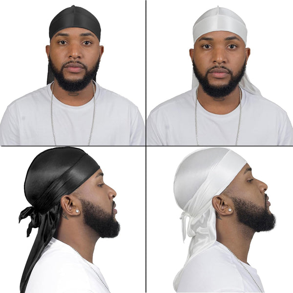 4PCS Silky Durags for Men Women 360 Waves with 1 Wave Cap, Silky Satin Durag Extra Long Tails Black Black White White