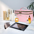 BAFAMYE Double Layer Travel Makeup Bag for Women, Large Cosmetic Case Organizer with Makeup Brush Compartment, Portable Train Case Make Up Bag for
