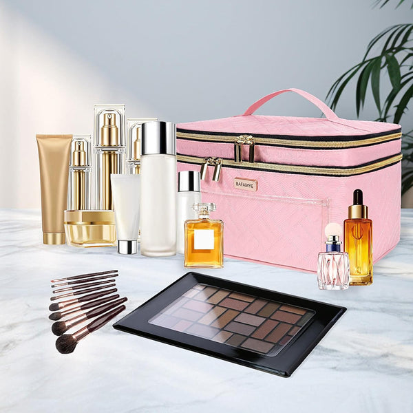 BAFAMYE Double Layer Travel Makeup Bag for Women, Large Cosmetic Case Organizer with Makeup Brush Compartment, Portable Train Case Make Up Bag for