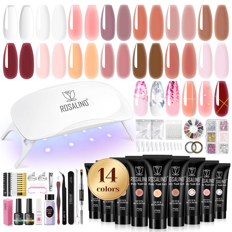 ROSALIND Poly Nail Gel Kit -14 Colors +72 Nail Art Accessories kit Clear Nude Poly Nails Gel Kit Starter Kit with Mini UV Lamp Slip Solution Basic