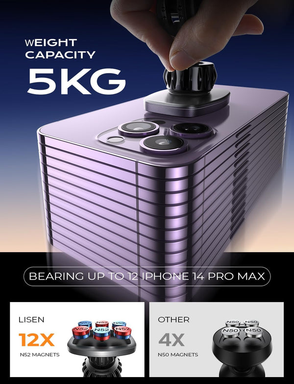 LISEN Magnetic Car Phone Mount for iPhone and Android with 6 Magnets and Adjustable Arch Design, Black