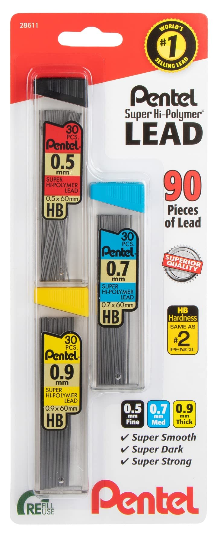 Pentel Super Hi-Polymer Mechanical Pencil Lead Refills | 0.5mm, 0.7mm, 0.9mm - 90 Lead refills (30 of Each Size)