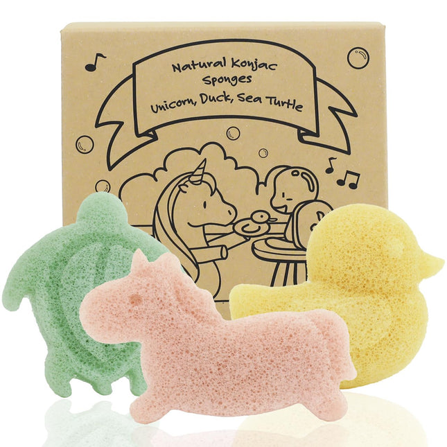 myHomeBody Konjac Sponge, Bath loofah, 3pc, Unicorn, Duck, Sea Turtle