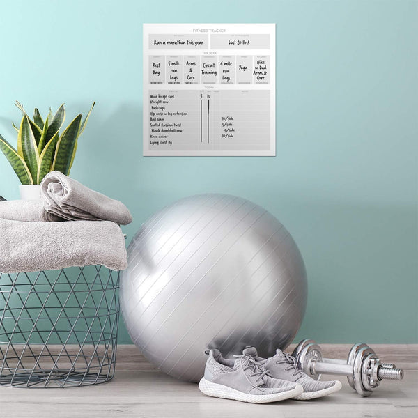Dry Erase Whiteboard Fitness Tracker | Removeable and Restickable Adhesive Decal | Fine-Tip Magnetic Marker Included | 12" X 12" (White)