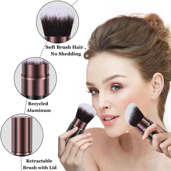 Retractable Kabuki Makeup Brush, 2 Pack Travel Powder Foundation Makeup Brush Face Blush Brushes for Blending Liquid, Blush, Bronzer, Buffing,