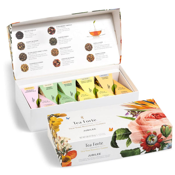 Tea Forte Premium Petite Presentation Box Gift Set Sampler, 10 Count, 2 of Each Blend Individually Wrapped Handcrafted Pyramid Infuser Bags,