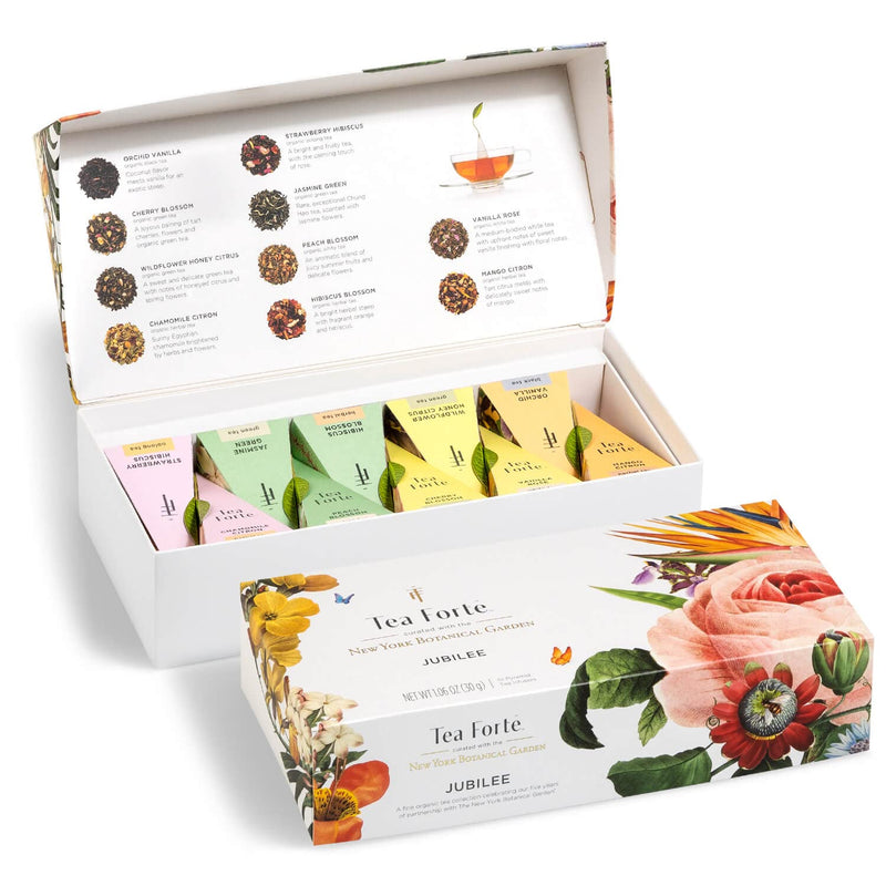 Tea Forte Premium Petite Presentation Box Gift Set Sampler, 10 Count, 2 of Each Blend Individually Wrapped Handcrafted Pyramid Infuser Bags,
