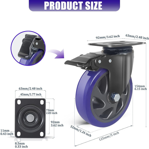 5 Inch Caster Wheels with Brake, Heavy Duty Casters Set of 4 2200lbs, Swivel Casters with Double Ball Bearings, Dual Locking Casters,Wheels for