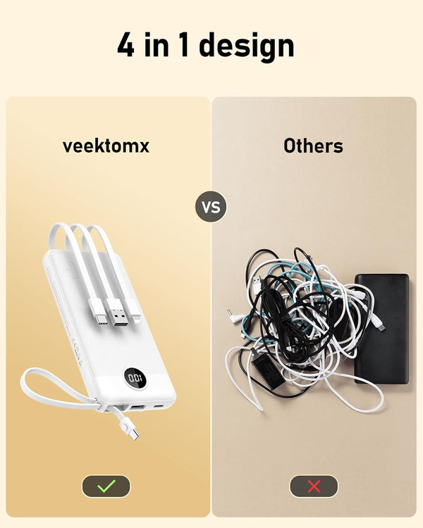 VEEKTOMX Portable Charger with Built in Cables 10000Mah, USB C Power Bank with 5 Outputs and LED Display, Small & Slim Battery Pack Compatible