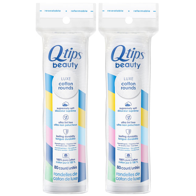 Q-Tips Beauty Luxe Cotton Rounds 80 Count 2-Pack Ã¢ÂÂ Hypoallergenic Makeup Re