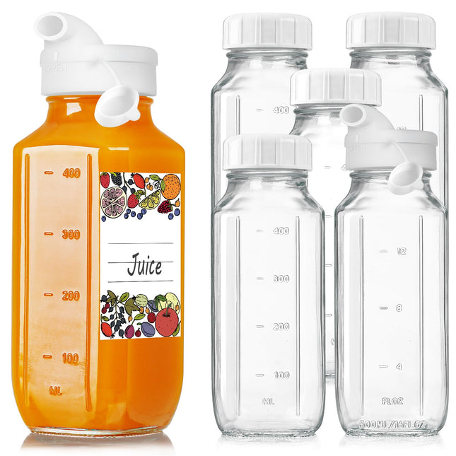 6 Pack 16 Oz Glass Juice Bottles W Pour Spout, 100% Airtight Heavy Duty SCREW Lid- Reusable Glass Milk Bottles W Capacit