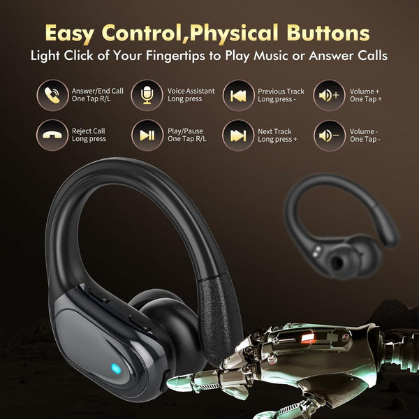 Catitru Wireless Earbuds Bluetooth Headphones 80H Playback Ear Buds Power Display with Noise Canceling Mic with Earhooks for Sports/Workout - Black