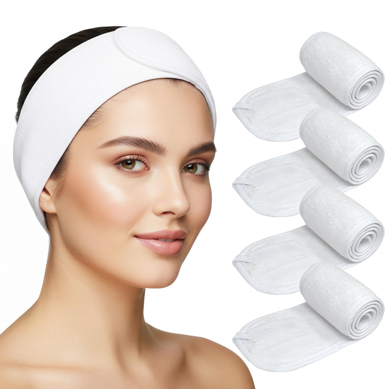 APPEARUS Cotton Terry Cloth Facial Headband 4 Pack White | Absorbent cotton terry with adjustable hook and loop band. Designed for estheticians,