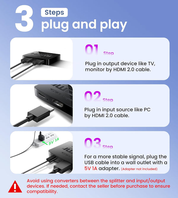 avedio links HDMI Splitter 1 in 2 Out [w/ 4 Ft Hdmi Cable]Not for Extended Display-Mirror Same Screen Only, 4K 1x2 HDMI Splitter 1 to 2 for 3D