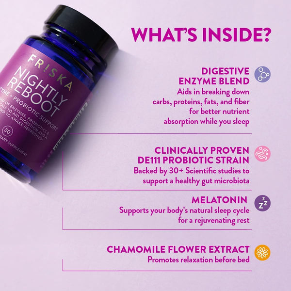 Friska Nightly Reboot - Nighttime Digestive Enzymes, Probiotic for Gut Balance & Bloating Support, with Melatonin & Chamomile to Promote