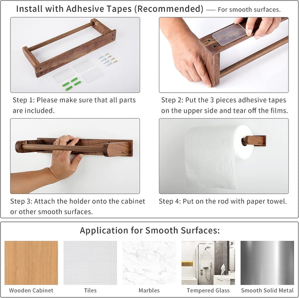Wood-Paper-Towel-Holder-Under-Cabinet-Kitchen-Handmade - Wall Mounted/Adhesive No Drill Sturdy Roll Hanging Organizer, Horizontal Papertowel