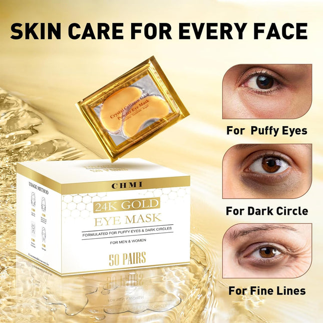 CHMI under Eye Patches (100 Pairs) - 24K Gold Eye Patches for Puffy Eyes, Dark C
