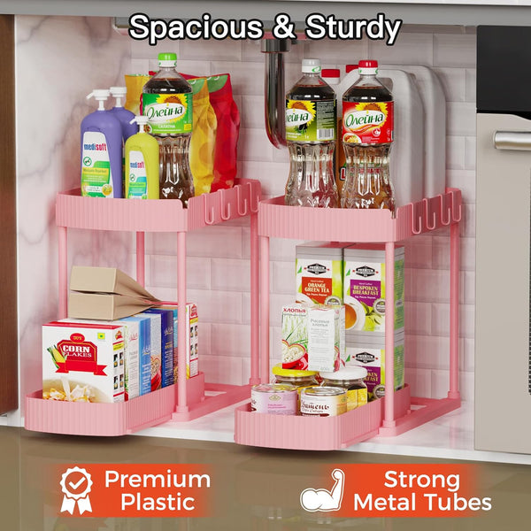 Ukeetap 2 Pack Multi-Purpose Pull-Out Storage Organizers, Under Sink & Cabinet Organizers, 12.8 Inch Pink Pink 12.8 Inch