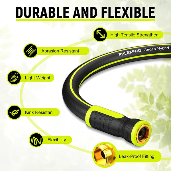 Garden Hose 3FT - PHLEX PRO Water Hose Heavy Duty Premium 5/8'' Rubber 3-Layer, Innovation Flexible Hybrid Lightweight Water Hose, Full Brass Male