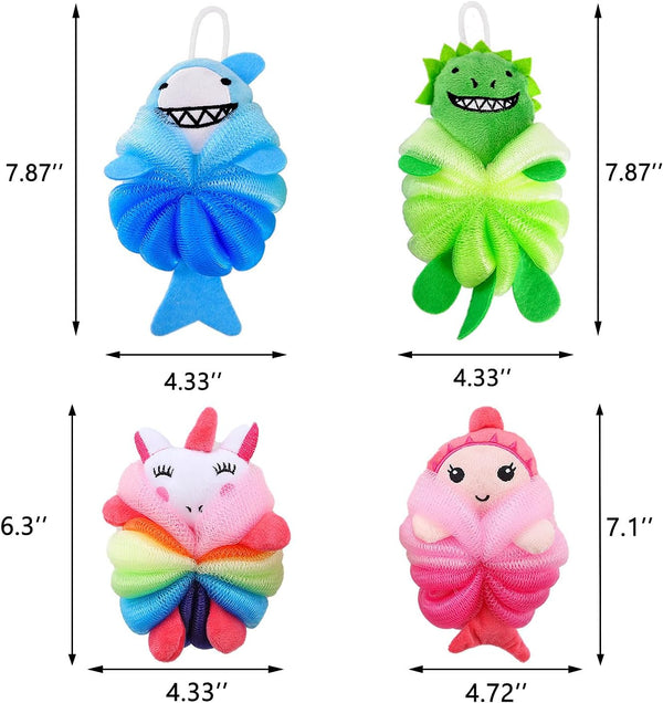 4 Pack Fun Bubble Bath Kid Loofahs, Cute Animal Loofah Bath Sponge, Shower Puffs Body Scrubber, Cute Sponges Cartoon 2